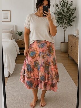 CLICK by Color Me Cotton Vintage Linen Tie-Dye Asymmetric Tiered Midi Skirt